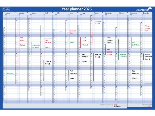 Jaarplanner 2026 Legamaster 1 persoon 90x60cm horizontaal gelamineerd