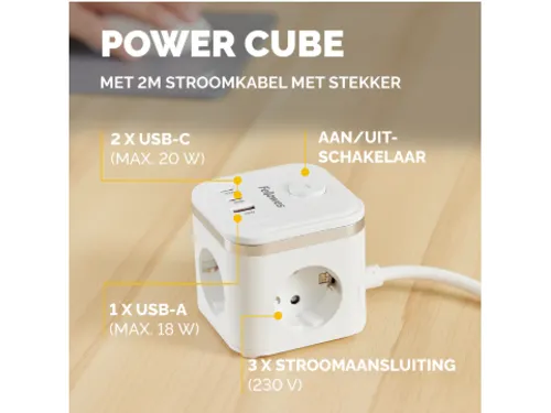 Stekkerblok Fellowes Power Cube F 3-voudig 1xUSB A 2xUSB C 2m wit