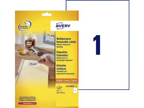 Etiket Avery L4735REV-25 210X297Mm A4 Afneembaar Wit 25 Stuks