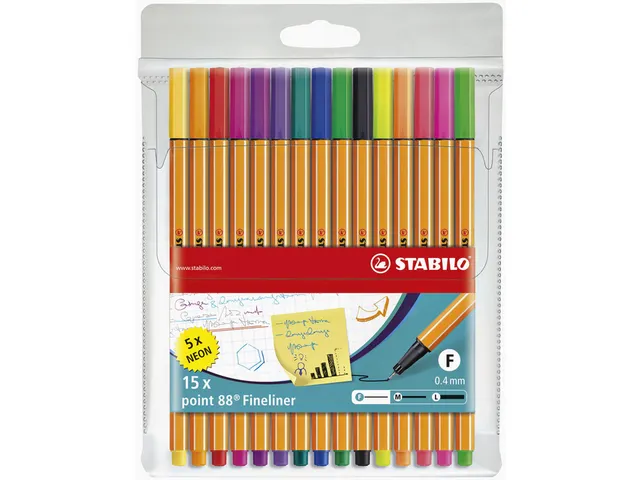 Fineliner Stabilo Point 88 0.4mm 15 Stuks Assorti Inclusief 5X Neon