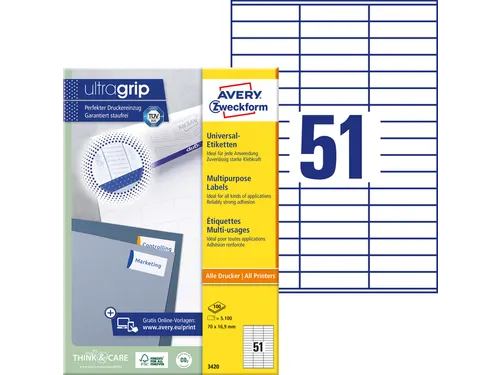 Etiket Avery Zweckform 3420 70x16.9mm wit 5100stuks