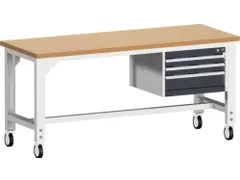 établi roulant HxlxP 840-1140x2000x750mm plateau hêtre rouge