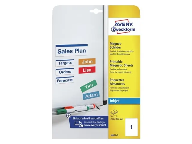 Avery Zweckform J8867-5 Magnetische Etiketten A4 Wit inkjet 5 stuks