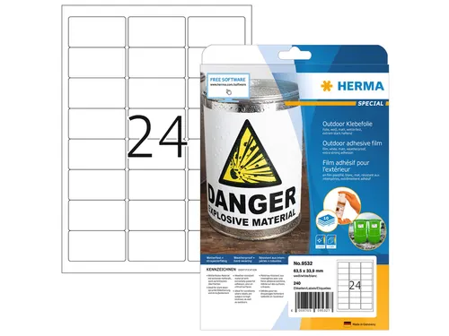 HERMA 9532 Weervast Outdoor folie-etiket A4 63,5x33,9mm Wit 240 stuks