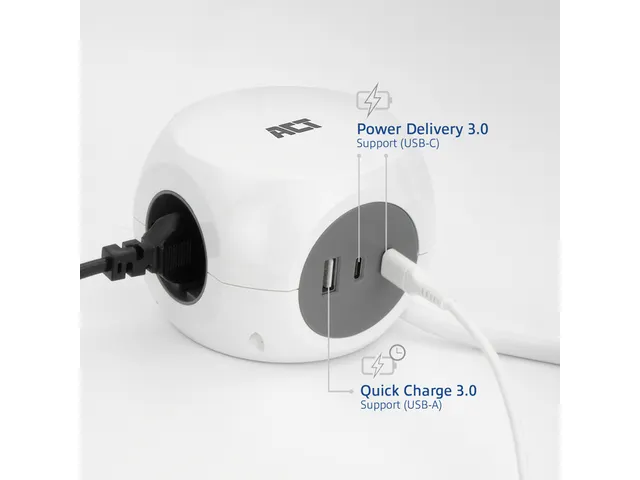 Cube multiprise ACT 3 prises inclus 2x USB C/A 1,5m blanc/gris FR/BE