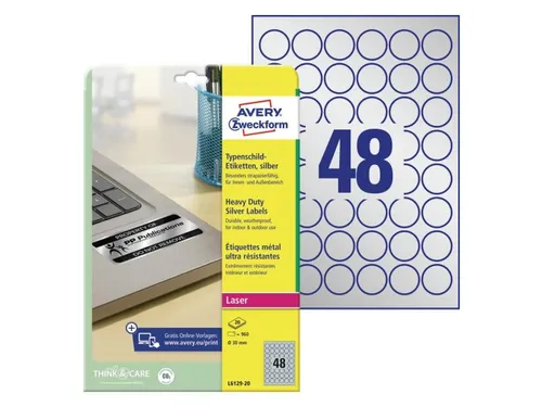 Etiket Avery L6129-20 rond 30mm zilver 960stuks