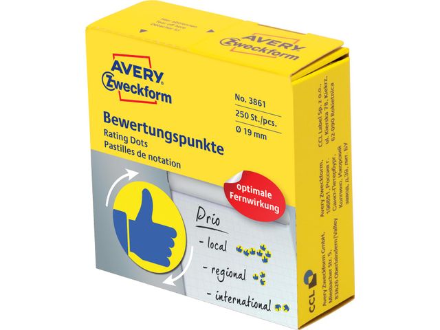 Avery rating dots, diameter 19mm, rol met 250 stuks, blauw/geel, duim | AveryEtiketten.be