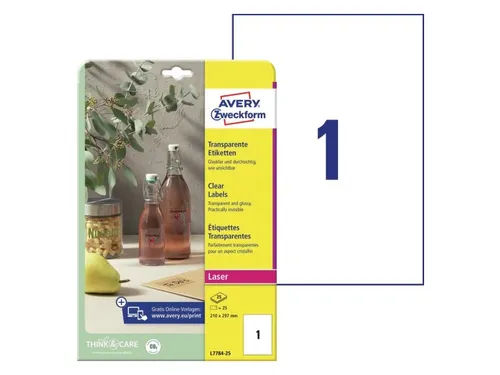 Crystal Clear Etiket Avery Zweckform 210x297mm A4 transparant 25 stuks