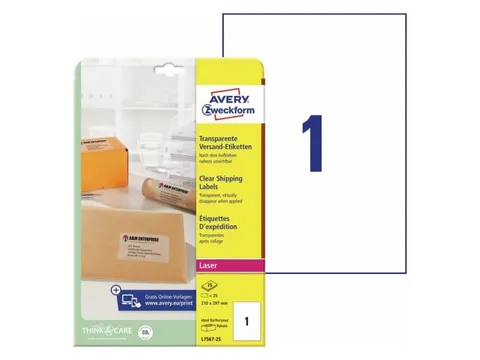 laseretiket Avery Zweckform 210x297mm transparant A4 25 stuks