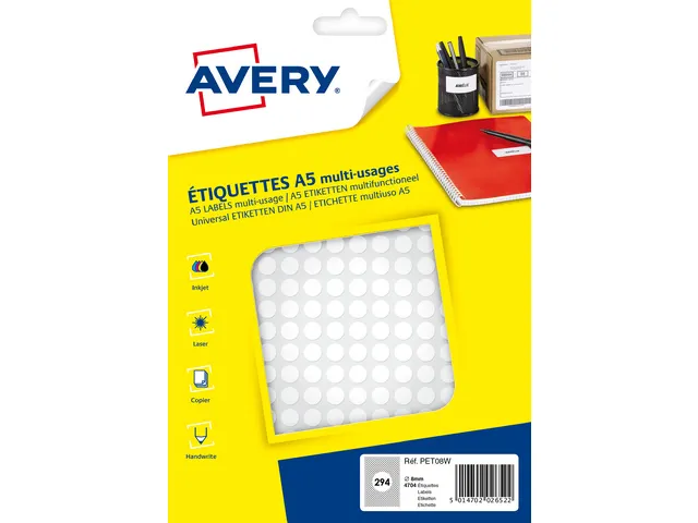PET08W verpakking met markeringspunten - diameter 8 mm - A5-vel - Wit