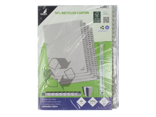 Tabblad ECO Kangaro A4 cijfers 180 grams grijs karton 4-gaats 100-deli
