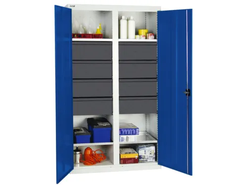 Materiaalkast 1800x1000x500m 4legborden Uitschuifbaar 8laden Ral5010