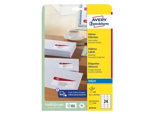 inkjetetiket Avery 63,5x33,9mm wit 25 vel 24 etiketten per vel