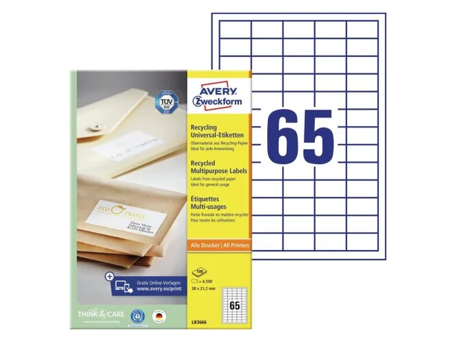 Etiket Avery Zweckform LR3666 38x21.2mm recycled wit 6500 stuks