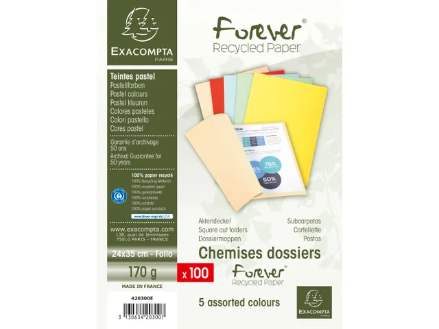 Dossiermap folio FOREVER 180 100% gerecycleerd 24x32cm 100 Stuks