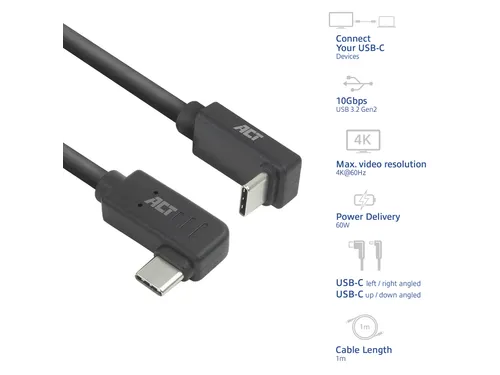 Kabel ACT USB-C hoek links/rechts USB-C hoek boven/beneden 10Gbps 1m