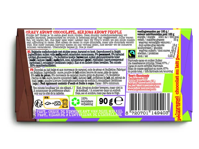 Chocolade Tony Chocolonely melk karamel pecan crunch reep 90 gram