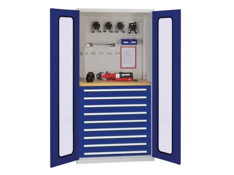 Materiaalkast Vensterdeuren 1950x1000x600mm 9laden 1werkbank Ral5010