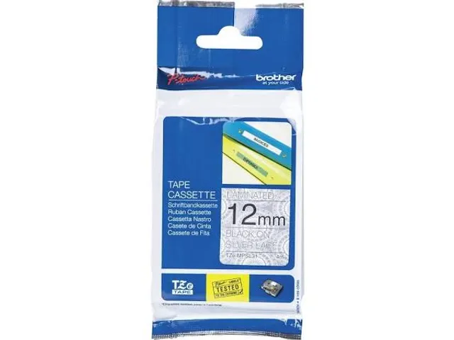 TZEMPSL31 Brother P-touch 12mm zwart-zilver lettertape 4m laminated