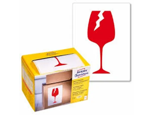 Waarschuwings etiket Avery 'Fragile' op rol in dispenser 74x100mm
