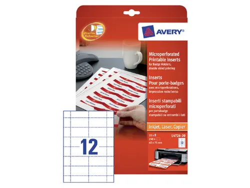 Badgekaart Avery L4726-20 40x75mm microperforatie 240 stuks