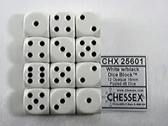 Dobbelsteen Chessex White/black D6 16mm set à 12 stuks