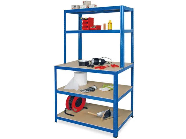 montagetafel,HxBxD 900x900x600mm,blad hout,4voeten RAL5010,4legborden