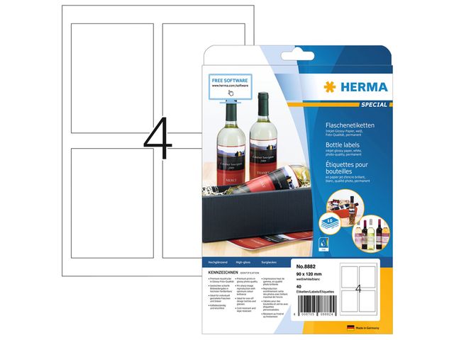 Etiket HERMA flessen 8882 90x120mm A4 glossy wit 40stuks | HermaLabels.nl