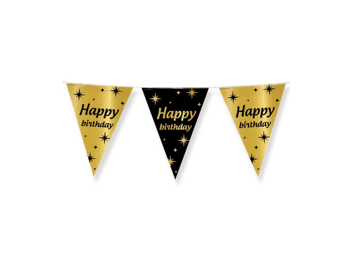 Slinger Folie vlaggen Party Flag Foil 'Happy Birthday' Goud-Zwart 10m