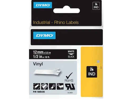 Labeltape Dymo Rhino 18054 Vinyl 12mmx5.5m Wit Op Zwart