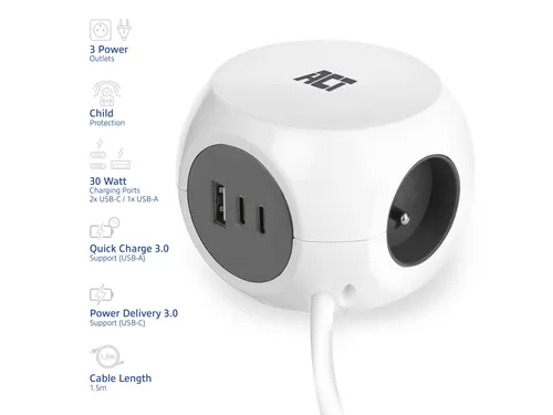 Stekkerblok ACT 3 voudig inclusief 2x USB C/A 1.5 meter wit/grijs FR/B
