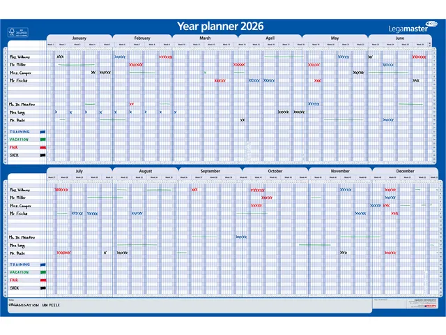 Projectplanner 2026 Legamaster 90x60cm horizontaal gelamineerd Engelst