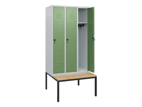locker met bank,HxBxD 1950x900x815mm,3vak,vak B 300mm,draaigrendel