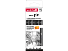 Uni Pin fineliner set zwart 0,2-1,0 mm 4+1 gratis