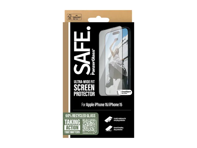 PanzerGlass SAFE. by Screen Protection w. Black Frame iPhone 16 | 1