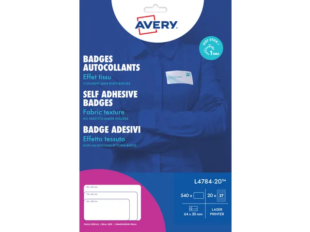 Naambadge etiket Avery L4784-20 63,5x29,6mm Laserprinter 540 stuks