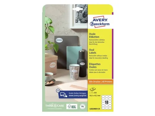 Etiket Avery L6024REV-25 ovaal 63.5x42.3mm wit 450 stuks 25 vel
