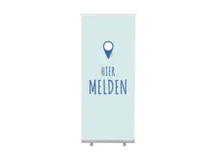 Roll-Banner 85x200 complete set met print "Hier Melden" Blauw