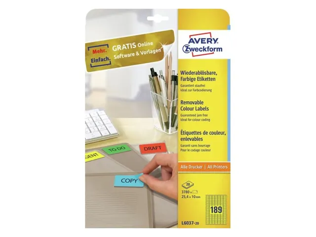 Etiket Avery L6037-20 25.4x10mm geel 3780 stuks