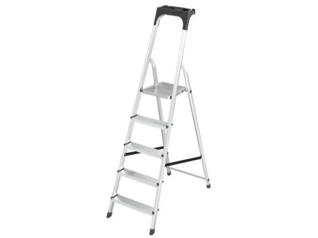 aluminium trapladder,eenzijdig,5treden,bordes geribbeld,stand H 1,04m