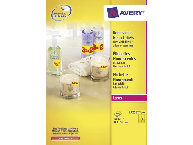 adresetiket Avery 99,1x38,1mm neongeel 100 vel 14 etiketten per vel