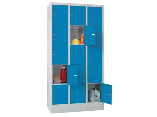 lockerkast,HxBxD 1850x900x500mm,3x5vakken,RAL7035,front RAL5012