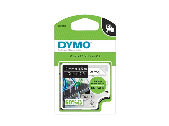 Labeltape Dymo 16953 D1 718040 12mmx3.5m nylon zwart op wit S0718040 | DymoEtiket.nl