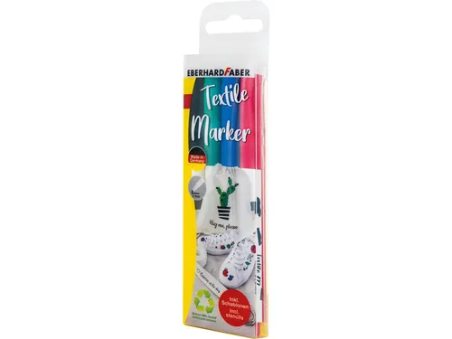 Textielmarker Eberhard Faber 4st. in etui incl. 4 stencils met sjablon
