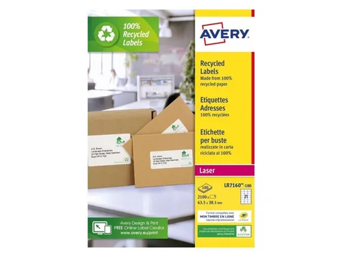Etiket Avery LR7160-100 63.5x38.1mm recycled wit 2100 stuks