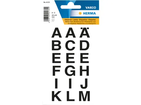 Etiket Herma 4135 20x20mm Letters A-Z Zwart op Transparant 36 stuks