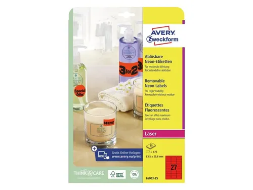 Gekleurde etiketten Avery Zweckform 63.5x29.6mm Neon Rood 675 Stuks