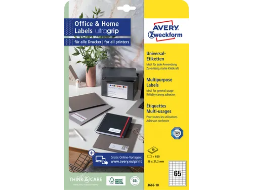 Etiket Avery permanent 3666-10 38x21.2mm wit 650 stuks 10 vel