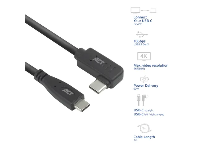 Kabel ACT USB-C standaard naar USB-C hoek 10Gbps 2m