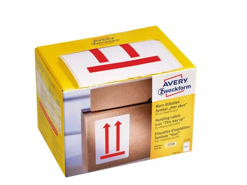 Waarschuwings etiket Avery 'This way up' op rol in dispenser 74x100mm